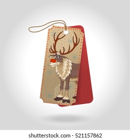 Vector cute Christmas gift tags with red nose reindeer and decoration snowflakes