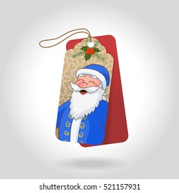 Vector cute Christmas gift tags with funny squinted Ded Moroz in a blue coat and decoration snowflakes, christmas holly berry