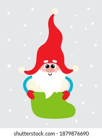 Vector cute christmas gnome in red hat in sock and snowflakes. Winter christmas cartoon character for postcard.