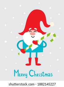 Vector cute christmas gnome in red hat with candy and snowflakes. Winter christmas cartoon character for postcard.