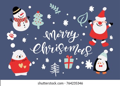 Vector Cute Christmas Graphics, Graphic Poster with Hand Drawn Elements, Holiday Backgrounds, Greeting Cards, X-mas Invitations, Lovely Characters