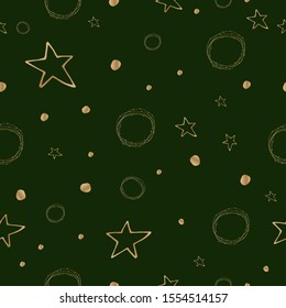 Vector - Cute Christmas green  seamless background with gold hand drawn  decoration.Seamless background  can be used for wallpaper, web page background, surface textures, textile.