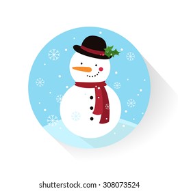 Vector Cute Christmas greeting card with snowman and snowfall.