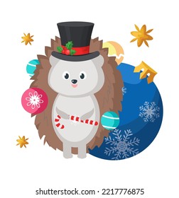 Vector cute Christmas hedgehog. Happy winter animal illustration. Greeting card design. Xmas and new year character. Holiday postcard. Happy forest creature in hat holding candy cane