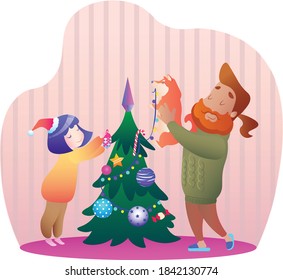 Vector cute christmas illustration family with pet dog decorate the tree cartoon card design