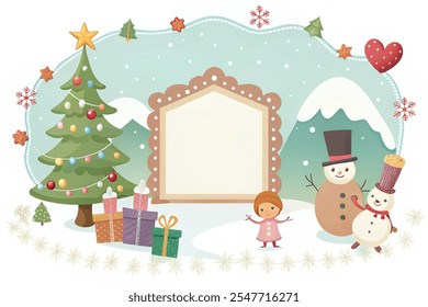 Vector Cute Christmas illustration and frame set.  vector illustration a white background.