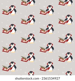 Vector cute Christmas little penguin with headphones, bag, presents and christmas tree on a sled seamless pattern.