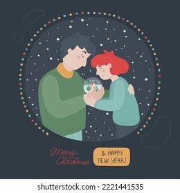 Vector cute Christmas and New Year greeting card. Boy and girl couple with snow globe. 