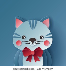 Vector cute christmas paper cut 3d cat with shadow on colored background. Winter animal design  for presentation, banner, cover, web, flyer, card, sale, poster, slide and social media	