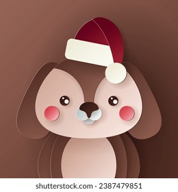 Vector cute christmas paper cut 3d  dog with shadow on colored background. Winter animal design  for presentation, banner, cover, web, flyer, card, sale, poster, slide and social media	