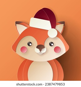 Vector cute christmas paper cut 3d fox with shadow on colored background. Winter animal design  for presentation, banner, cover, web, flyer, card, sale, poster, slide and social media	