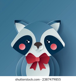 Vector cute christmas paper cut 3d racoon with shadow on colored background. Winter animal design  for presentation, banner, cover, web, flyer, card, sale, poster, slide and social media	