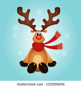 Vector cute Christmas reindeer character with red nose, big hornes and scarf on background with snowflakes. Christmas card illustration.