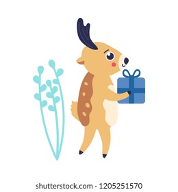 vector cute christmas reindeer holding present box with blue bow in horns abstract florals background. Funny winter character having fun. Merry christmas, xmas holiday design illustration