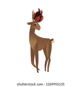 vector cute christmas reindeer holding present box with bow in horns. Funny winter character having fun. Merry christmas holiday design animal, isolated illustration