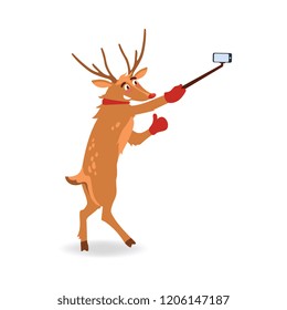 vector cute christmas reindeer making selfie by smartphone with stick. Funny winter character having fun. Merry christmas, xmas holiday design isolated flat illustration