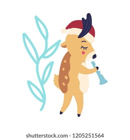 vector cute christmas reindeer playing flute with abstract florals background. Funny winter characters holding musical instrument. Merry christmas, xmas holiday design illustration