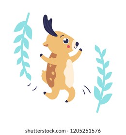 vector cute christmas reindeer running or dancing with abstract florals background. Funny winter character having fun. Merry christmas, xmas holiday design illustration