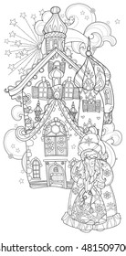 Vector cute christmas Santa Claus in fairy europe tale town doodle.Hand drawn line illustration.Sketch for postcard or print or coloring anti stress adult book.Boho zen art style.