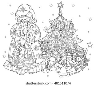 Vector cute christmas Santa Claus and christmas gifts under fir tree doodle.Hand drawn line illustration.Sketch for postcard or print or coloring anti stress adult book.Boho zen art style.