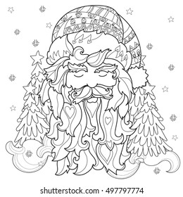Vector cute christmas Santa Claus doodle.Hand drawn line illustration.Sketch for postcard or print or coloring anti stress adult book.Boho zen art style.