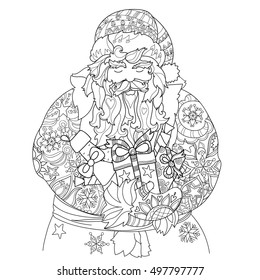 Vector cute christmas Santa Claus doodle.Hand drawn line illustration.Sketch for postcard or print or coloring anti stress adult book.Boho zen art style.