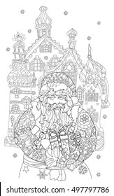 Vector cute christmas Santa Claus in fairy europe tale town doodle.Hand drawn line illustration.Sketch for postcard or print or coloring anti stress adult book.Boho zen art style.