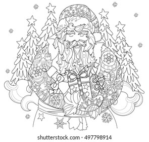 Vector cute christmas Santa Claus in fairy europe tale town doodle.Hand drawn line illustration.Sketch for postcard or print or coloring anti stress adult book.Boho zen art style.