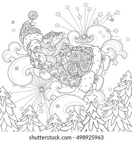 Vector cute christmas Santa Claus doodle in flight .Hand drawn line illustration.Sketch for postcard or print or coloring anti stress adult book.Boho zen art style.