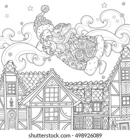 Vector cute christmas Santa Claus doodle in fairy europe town.Hand drawn line illustration.Sketch for postcard or print or coloring anti stress adult book.Boho zen art style.