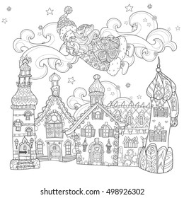 Vector cute christmas Santa Claus doodle in fairy europe town.Hand drawn line illustration.Sketch for postcard or print or coloring anti stress adult book.Boho zen art style.