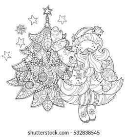 Vector cute christmas Santa Claus doodle with fir tree.Hand drawn line illustration.Sketch for postcard or print or coloring anti stress adult relax book.Boho zen art style.