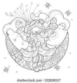 Vector cute christmas Santa Claus doodle and half moon.Hand drawn line illustration.Sketch for postcard or print or coloring anti stress adult relax book.Boho zen art style.