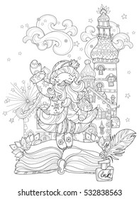 Vector cute christmas Santa Claus doodle in fairy europe town.Hand drawn line illustration.Sketch for postcard or print or coloring anti stress adult book.Boho zen art style.