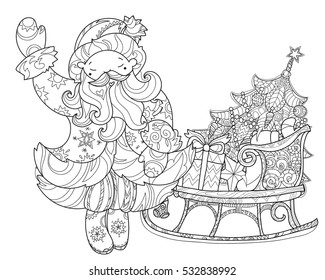 Vector cute christmas Santa Claus doodle with sleige.Hand drawn line illustration.Sketch for postcard or print or coloring anti stress adult relax book.Boho zen art style.