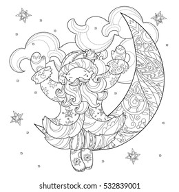 Vector cute christmas Santa Claus doodle and half moon.Hand drawn line illustration.Sketch for postcard or print or coloring anti stress adult relax book.Boho zen art style.