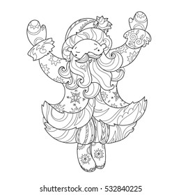 Vector cute christmas Santa Claus doodle in flight.Hand drawn line illustration.Sketch for postcard or print or coloring anti stress adult relax book.Boho zen art style.