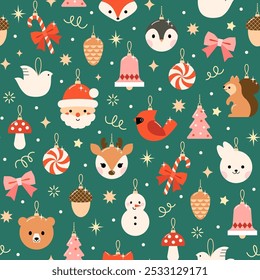 Vector cute Christmas seamless pattern with cute Christmas tree ornaments and gold sparkles on emerald green background in flat cartoon style.