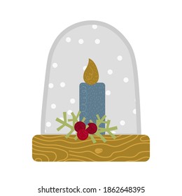 Vector adorable de navidad nevando globo con mesa de madera. Decoración tradicional de invierno de cristal con nieve, copos de nieve y velas en el interior. Juguete mágico de Navidad. Símbolos dibujados a mano sobre un fondo blanco