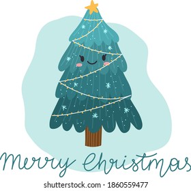 Vector Cute Christmas Tree. Christmas and new year greeting card. Hand drawn illustation.