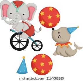 a vector of a cute circus elephant and seal