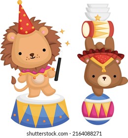 a vector of a cute circus lion and bear 