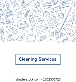 Vector cute cleaning hand drawn doodle elements background with place for text. Dustpan, pin, brush, dish, detergents household objects illustration.