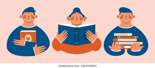 Vector cute clip arts for book festival. Abstract persons holding books, open book, stack of books. Young woman, man reading literature, studying, learning. Set of minimal stickers, illustrations.