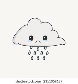 Vector cute cloud with sad face and falling rain drops
