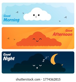 Vector Cute cloud three times, Good morning, Good afternoon, Good Night