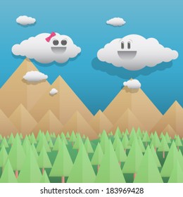 Vector Cute clouds on mountain pine forest landscape, background illustration