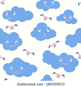 vector cute clouds and seaull on the sky seamless pattern