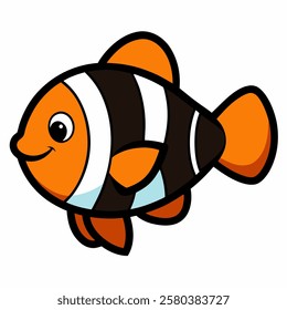 Vector cute clown fish cartoon line art on white background.
