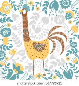 Vector cute cock with flower background.